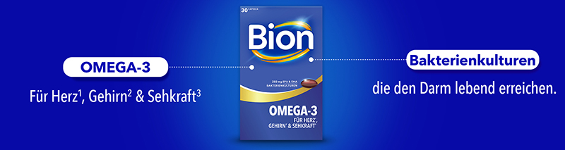 Bion Omega-3 Banner mit Inhaltsstoffen und Vorteilen