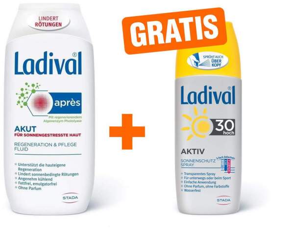 Ladival Apres Pflege Akut 200 ml Beruhigungs Fluid + gratis Aktiv Sonnenschutz Spray LSF 30 150 ml