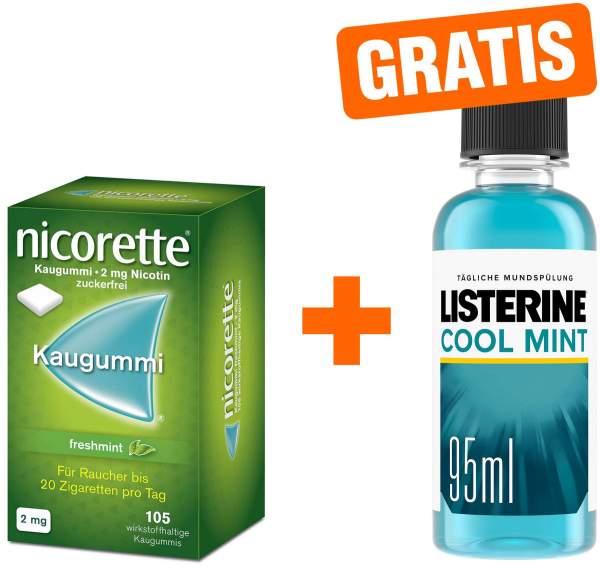 Nicorette 2 mg freshmint Kaugummi 105 Kaugummis + gratis Listerine Cool Mint 95 ml