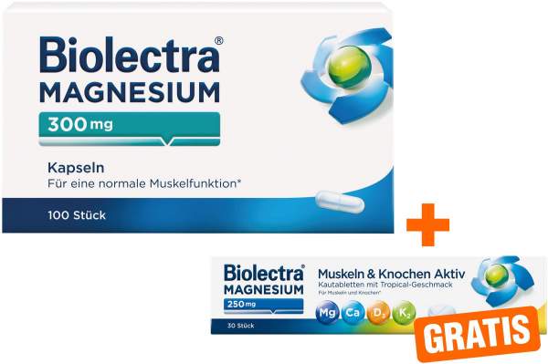 Biolectra Magnesium 300 mg 100 Kapseln + gratis Biolectra Magnesium 250 mg Muskeln und Knochen Aktiv 30 Kautabletten