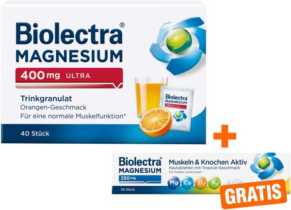 Biolectra Magnesium 400 mg ultra Trinkgranulat Orangengeschmack 40 Stück + gratis Magnesium 250 mg Aktiv 30 Kautabletten