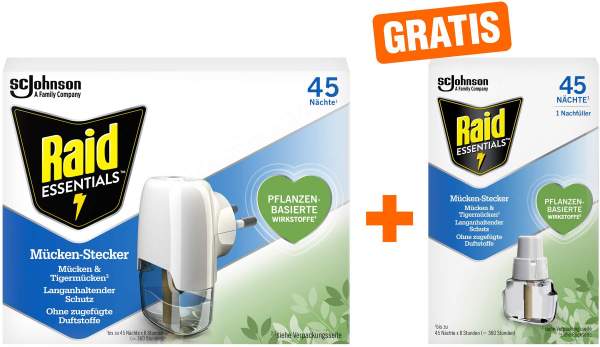 Raid Essentials Mücken-Stecker 45 Nächte Original 1 Stück + Raid Essentials Mücken-Stecker 45 Nächte Nachfüller 1 Stück