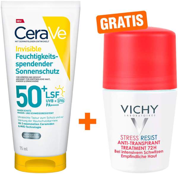 CeraVe Feuchtigkeitsspendender Sonnenschutz LSF 50+ 75ml + gartis Vichy Deo Stress Resist 72h 50 ml