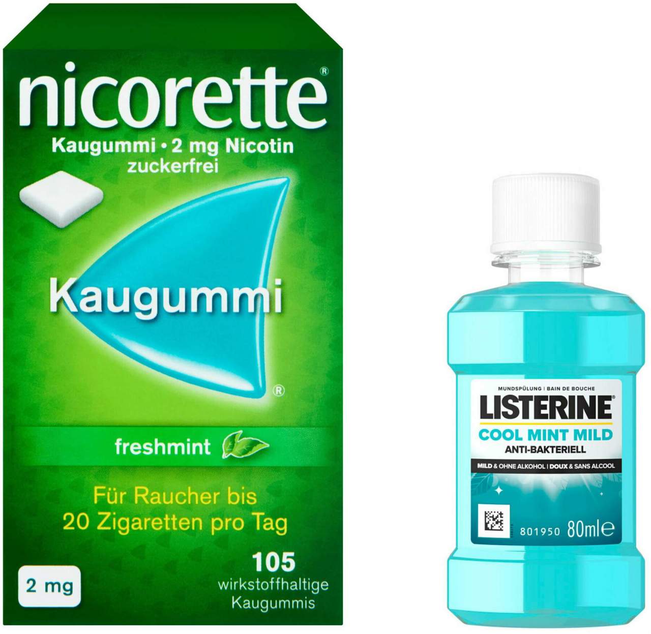 Nicorette 2 mg freshmint Kaugummi 105 Kaugummis + gratis Listerine Cool Mint 80 ml