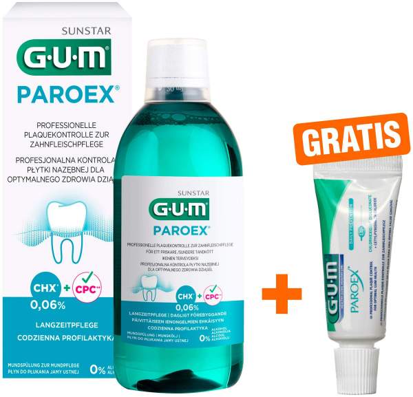 GUM Paroex 0,06 CHX Mundspülung + gratis Paroex CHX Zahnpasta 0,06% 12 ml