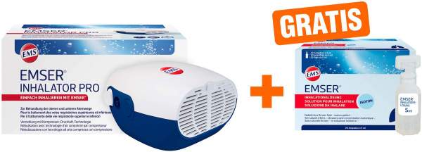 Emser Inhalator Pro Druckluftvernebler 1 Stück + gratis Inhalationslösung 20 x 5 ml 20 Ampullen