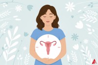 Eine Illustration einer Frau, die eine Uhr in den Händen halt. Auf dieser ist ein weiblicher Uterus abgebildet.