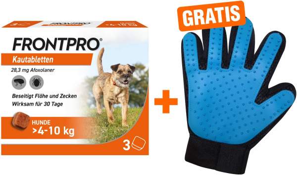 Frontpro 28,3 mg für Hunde 4-10 kg 3 Kautabletten + gratis Fellhandschuh