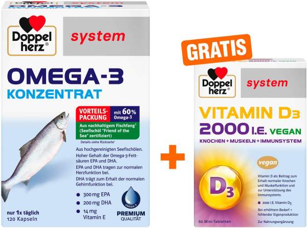 Doppelherz system Omega 3 Konzentrat Kapseln 120 Stück + gratis Doppelherz Vitamin D3 2000 I.E. vegan 60 Tabletten
