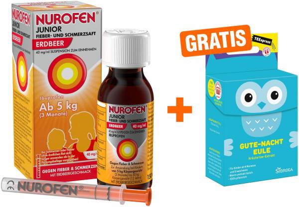 Nurofen Junior Fieber-&amp; Schmerzsaft 40 mg pro 1 ml Erdbeere 150 ml + gratis Sidroga TEExpress Gute-Nacht Eule 15 Beutel