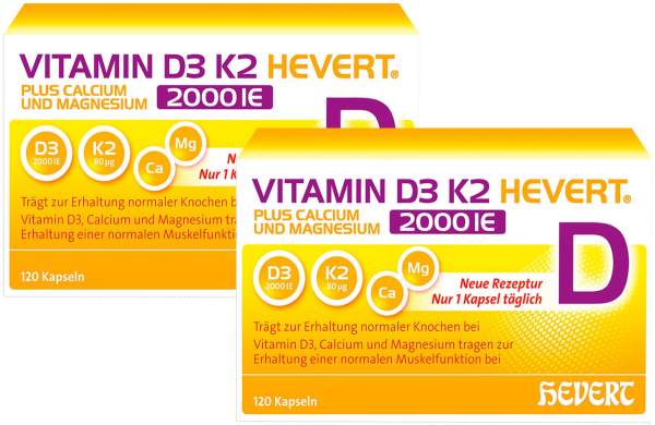 Vitamin D3 K2 Hevert + Calcium und Magnesium 2000IE 2 x 120 Kapseln