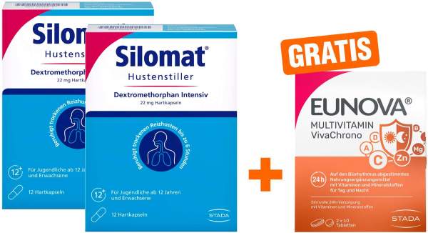 Silomat Hustenstiller Dextromethorphan Intensiv 2 x 12 Hartkapseln + gratis Eunova VivaChrono 2 x 10 Tabletten