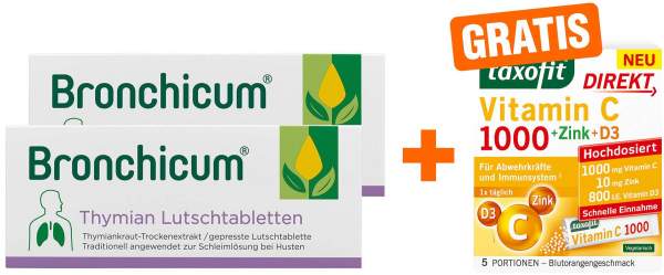 Bronchicum Thymian 2 x 50 Lutschtabletten + gratis Taxofit Vitamin C 1000 direkt Granulat 5 Beutel