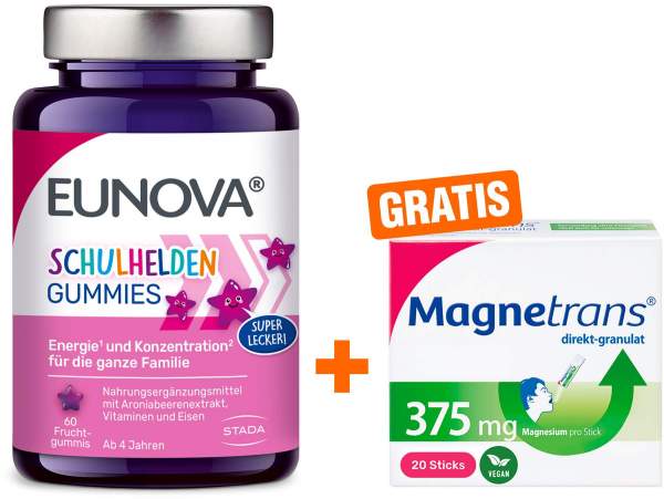 Eunova Schulhelden Gummies 60 Bonbons + gratis Magnetrans direkt 375 mg Granulat
