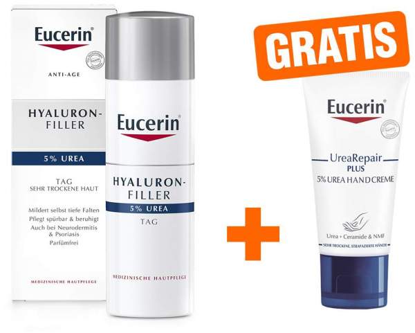 Eucerin Hyaluron Filler Urea Tagespflege 50 ml Creme + gratis UreaRepair Plus Handcreme 5% 30 ml