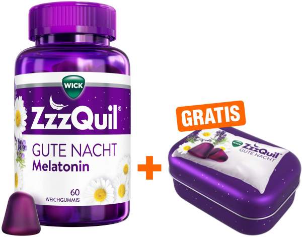 Wick ZzzQuil Gute Nacht 60 Weichgummis + gratis Wick ZzzQuil Reise-Dose 1 Stück