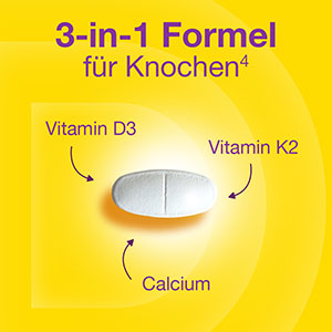Vigantolvit Tablette mit 3-in-1 Formel für Knochen, hervorgehoben durch Vitamin D3, Vitamin K2 und Calcium.