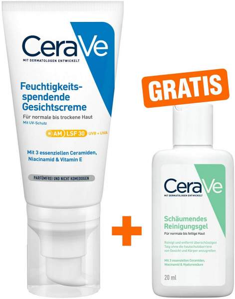 CeraVe Feuchtigkeitsspendende Gesichtscreme LSF 30 52 ml + gratis Schäumendes Reinigungsgel 20 ml