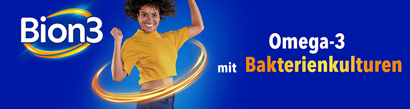 Energiegeladene Frau mit dem Text: Omega-3 mit Bakterienkulturen.