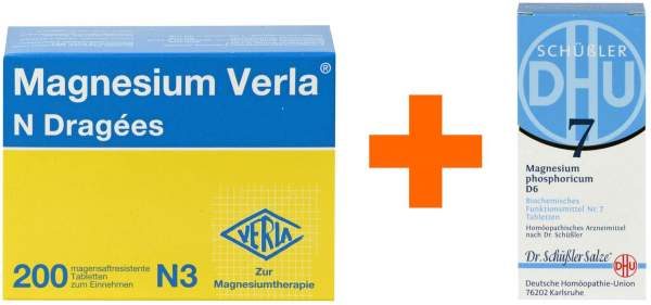 Magnesium Verla N 200 Dragees + Biochemie DHU Nr.7 Magnesium phosphoricum D6 200 Tabletten