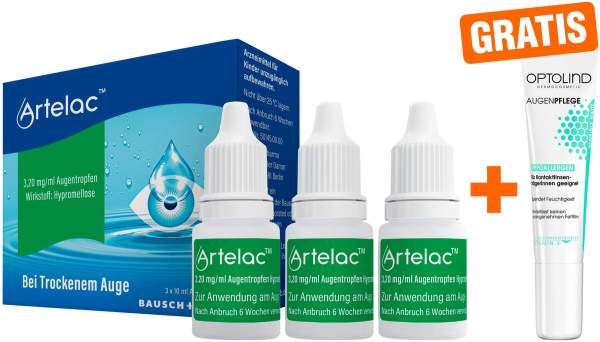 Artelac 3x10ml Augentropfen + gratis Optolind Empflindl. Haut Augenpflege 15 ml