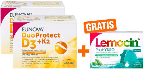 Eunova DuoProtect D3+K2 1000 I.E. 2 x 90 Kapseln + gratis Lemocin ProHydro 20 Lutschtabletten