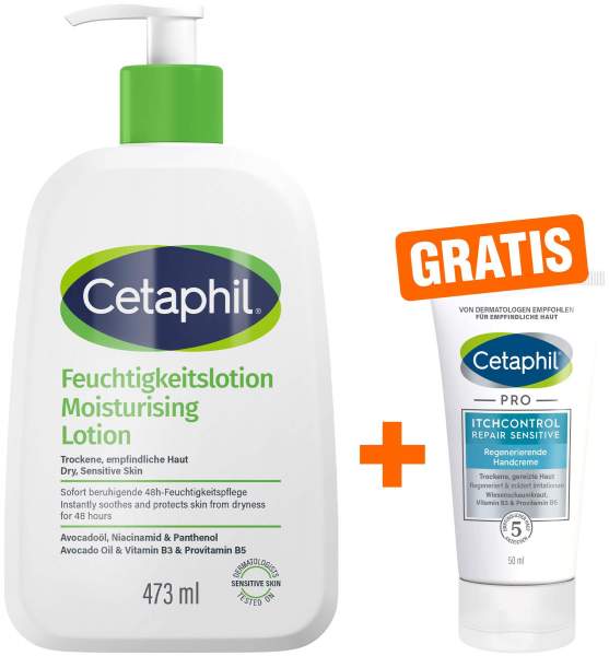 Cetaphil Feuchtigkeitslotion 473 ml + gratis Cetaphil Pro Itch Control Repair sensitive Regenerierende Handcreme 50 ml