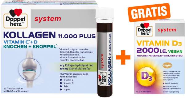 Doppelherz system Kollagen 11000 30 x 25 ml Ampullen + gratis Doppelherz Vitamin D3 2000 I.E. vegan 60 Tabletten