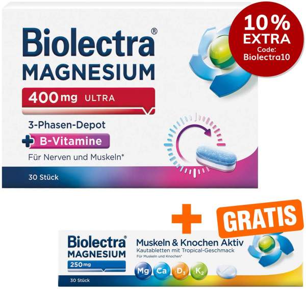 Biolectra Magnesium 400 mg ultra 3-Phasen-Depot 30 Tabletten + gratis Biolectra Magnesium 250 mg Aktiv 30 Kautabletten