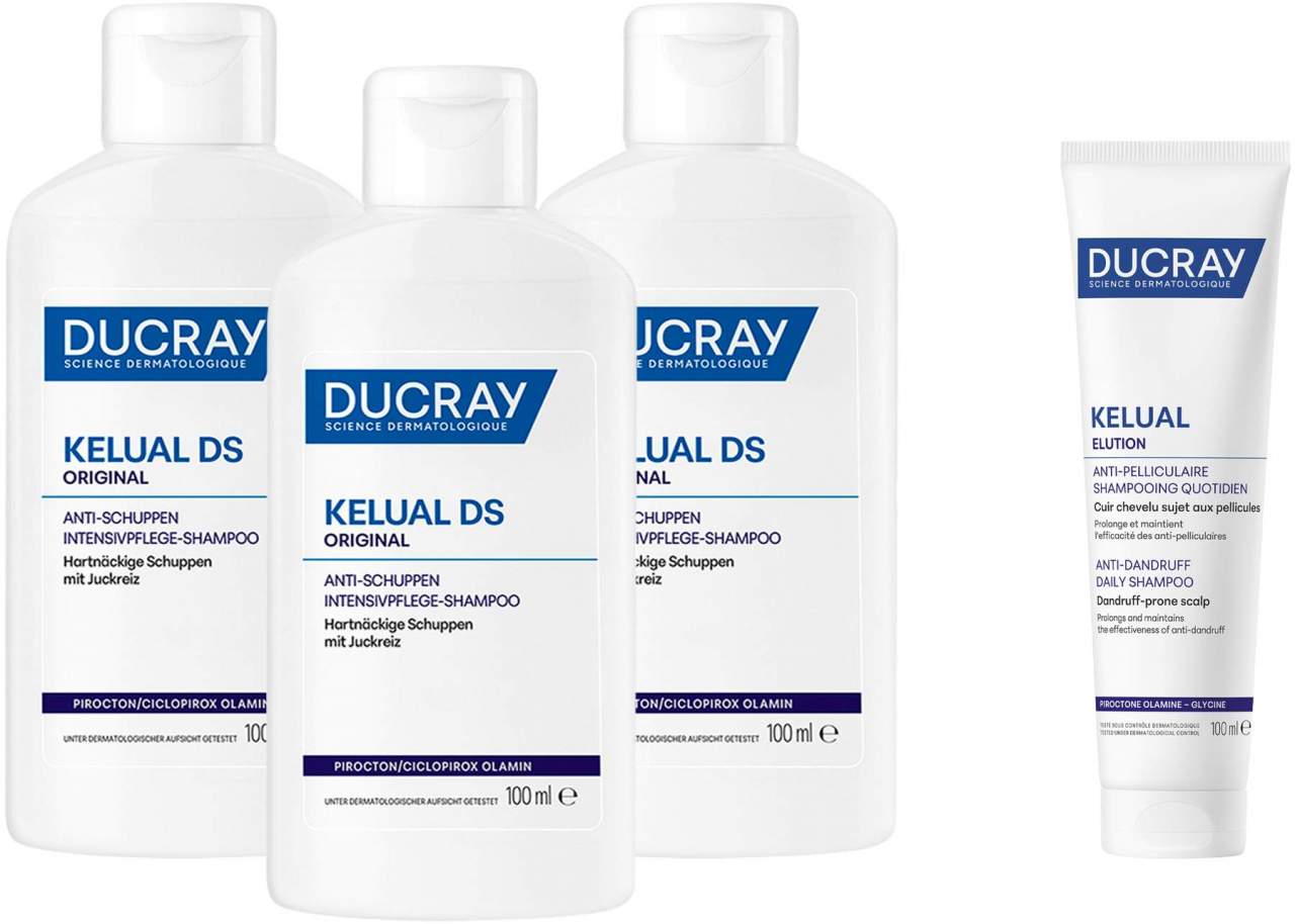 Ducray Kelual DS Shampoo 3 x 100 ml + gratis Elution ausgl. Shampoo 100 ml