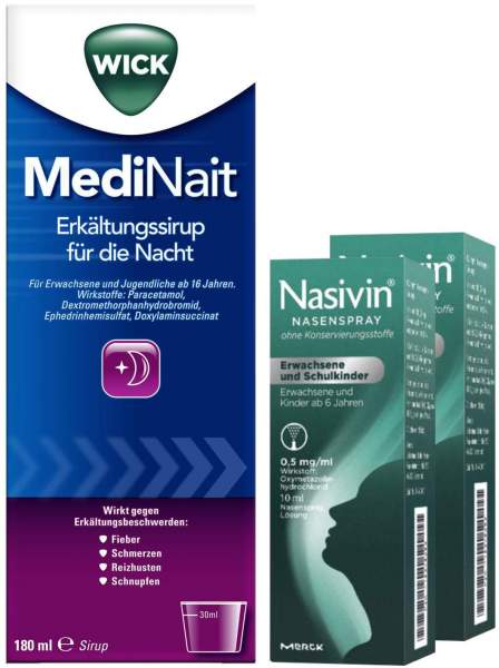 Wick MediNait Erkältungssirup für die Nacht 180 ml + Nasivin Erwachsene und Schulkinder Nasenspray