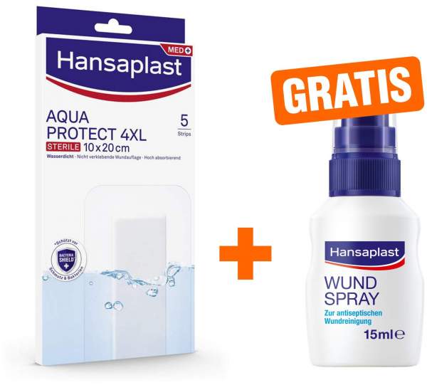 Hansaplast Aqua Protect 4XL 10 x 20 cm 5 Pflaster + gratis Wundspray zur Wundreinigung 15 ml