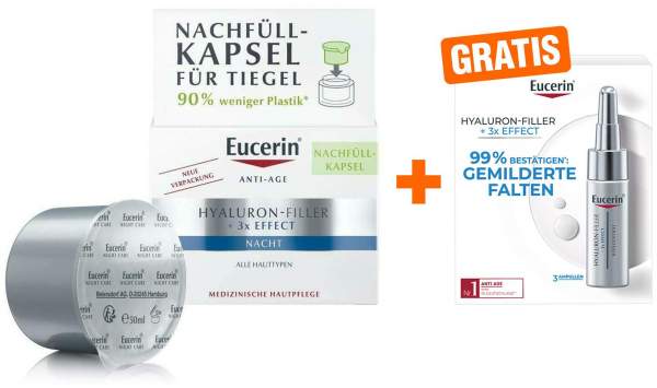 Eucerin Anti Age Hyaluron Filler Nachtpflege Refill 50 ml + gratis Hyaluron Filler 7-Tage Serum-Konzentrat 3 Ampullen