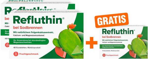 Refluthin Kautabletten Fruchtgeschmack 2 x 48 Stück + gratis 16 Kautabletten