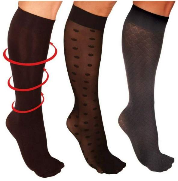 Kompressions Kniestrümpfe, schwarz, verschiedene Strukturen, Gr.37-41, 3 Paar