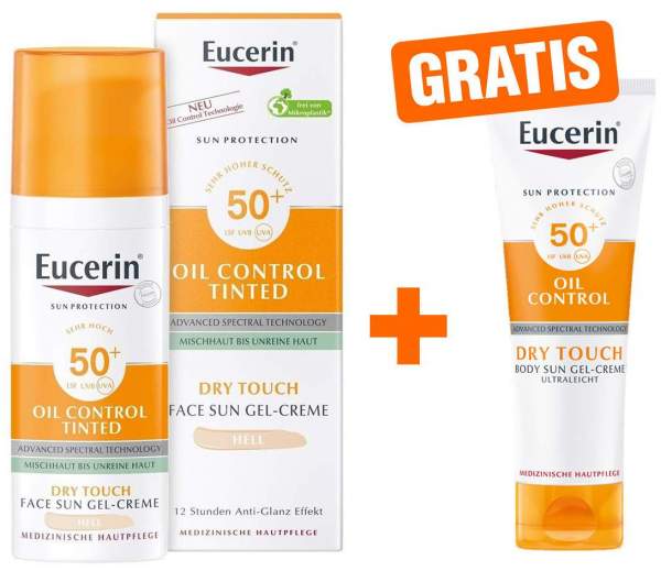 Eucerin Sun Oil Control Face Fluid Getönt (Hell) LSF 50+ 50 ml + gratis Body LSF50 50 ml Gel-Creme