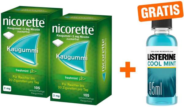 Nicorette 2 mg freshmint Kaugummi 2 x 105 Kaugummis + gratis Listerine Cool Mint 95 ml