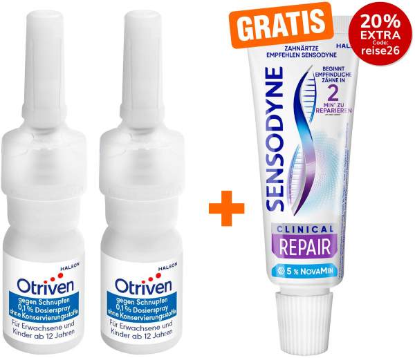 Otriven 0,1 % Dosierspray ohne Konservierungsstoffe 2 x 10 ml + gratis Sensodyne Clinical Repair Zahnpasta 15 ml