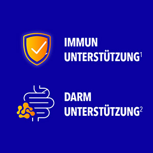 Bion3 unterstützt Immunsystem und Darm, wie durch ein Schutzschild und eine stilisierte Darmdarstellung visuell hervorgehoben.