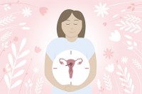 Eine Illustration einer Frau, die eine Uhr in den Händen halt. Auf dieser ist ein weiblicher Uterus abgebildet.