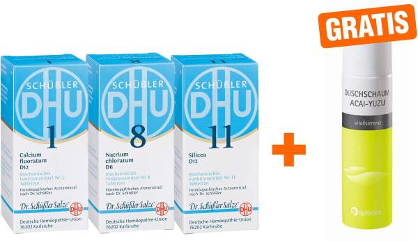 Biochemie DHU Haut und Haar Kur 3 x 200 Tabletten + gratis Duschschaum acai yuzu 50 ml