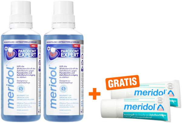 Meridol Parodont-Expert Mundspülung 2 x 400 ml + gratis Meridol Zahnpasta 2 x 20 ml