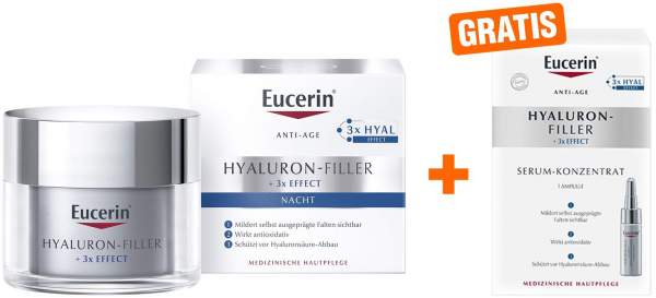 Eucerin Anti Age Hyaluron Filler Nachtcreme 50 ml + gratis Hyaluron Filler 7.T. Serum-Kur 1 Ampulle