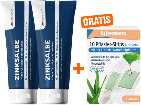 Zinksalbe Medibond 2 x 50 ml + gratis Pflaster-Strips Aloe Vera 10 Stück, 2 Größen
