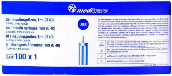 Insulinspritze 1 ml U40 3tlg.Luer O.Kanüle