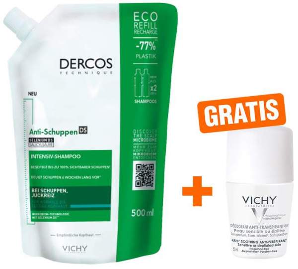 Vichy Dercos Anti-Schuppen fettige Kopfhaut Nachfüllpack 500 ml + gratis Deo Roll-On Anti Flecken 48h 50 ml