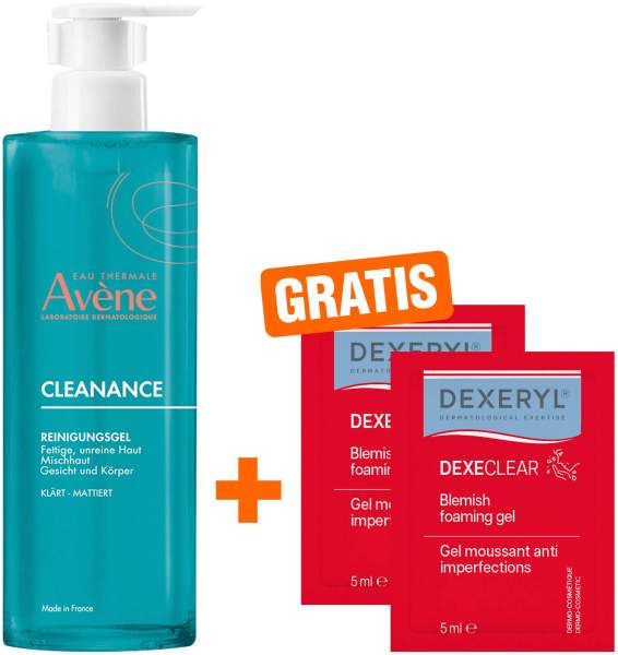 Avene Cleanance Reinigungsgel 400 ml + gratis Dexeryl Dexeclear schäumendes Reinigungsgel 2 x 5 ml