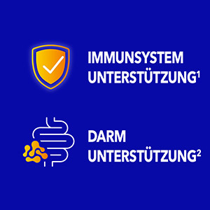 Bion3 unterstützt das Immunsystem (symbolisiert durch ein Schild mit Haken) und den Darm (symbolisiert durch eine stilisierte Darmdarstellung).