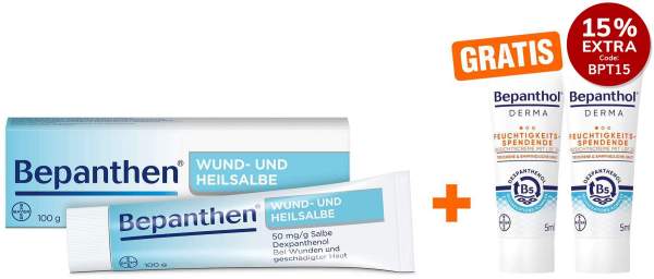 Bepanthen Wund und Heilsalbe 100 g + gratis Bepanthol DERMA Feuchtigkeitsspendende Gesichtscreme mit LSF 25 2 x 5 ml