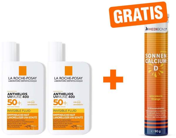 Roche Posay Anthelios Invisible Fluid UVMune 400 LSF 50+ 2 x 50 ml + gratis Medibond Sonnencalcium D 20 Brausetabletten